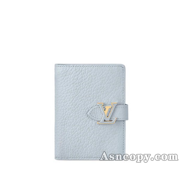 ルイヴィトントリヨンレザーカプシーヌLV ヴェルティカル ウォレット コンパクト財布 M83572オランプ ブルー